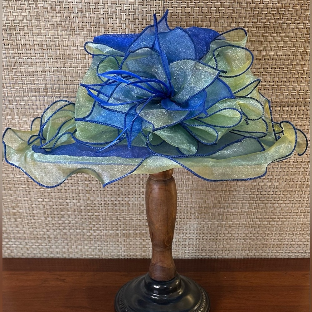 🌟HP🌟NWOT Forbusite Royal Blue & Light Green Organza Wide Brim Fancy Derby Hat
